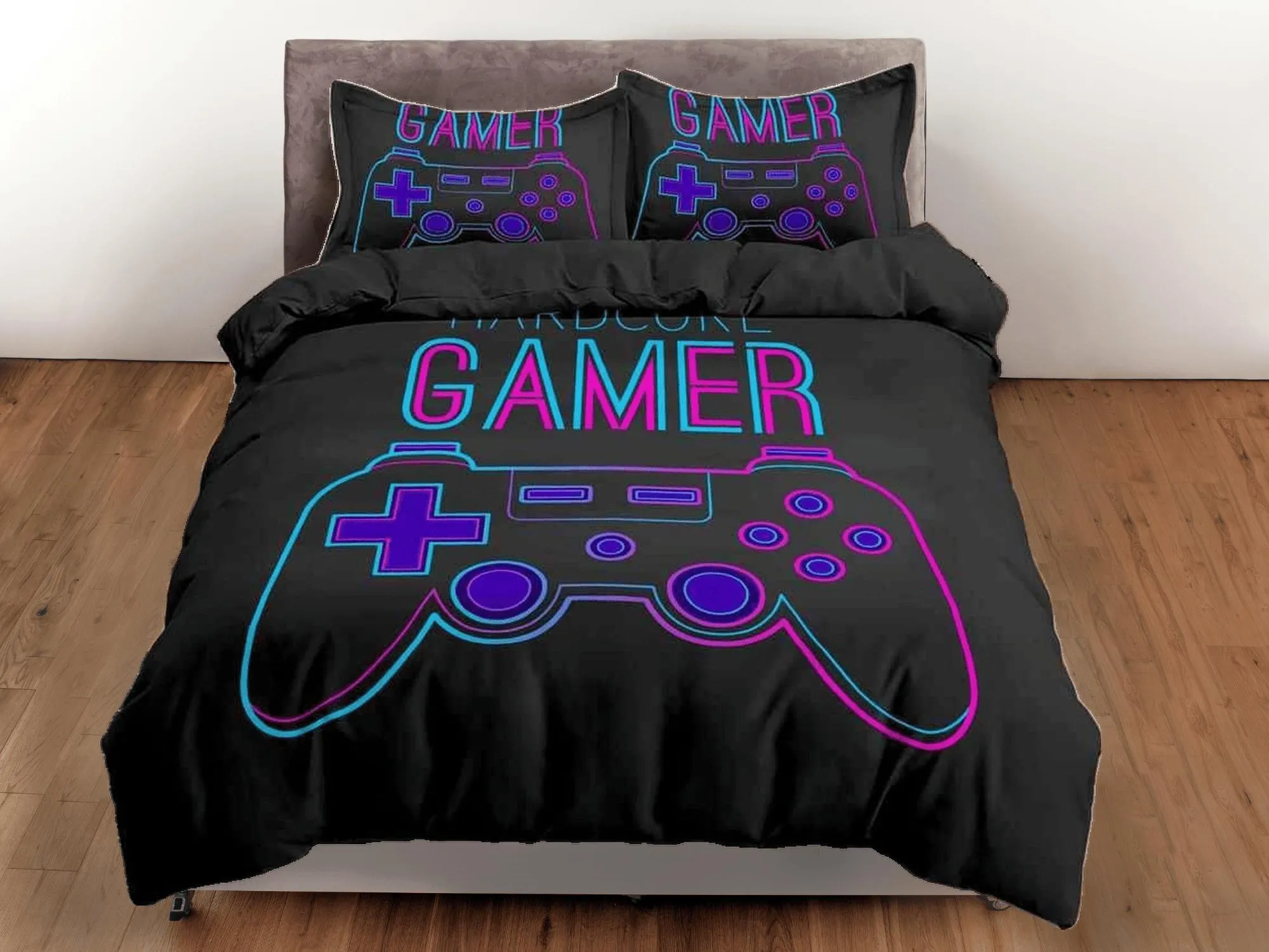 Hardcore gamer neon bedding black duvet cover, video gamer boyfriend gift bedding set full king queen, boys bedroom college dorm bedding