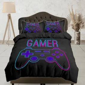 Hardcore gamer neon bedding black duvet cover, video gamer boyfriend gift bedding set full king queen, boys bedroom college dorm bedding