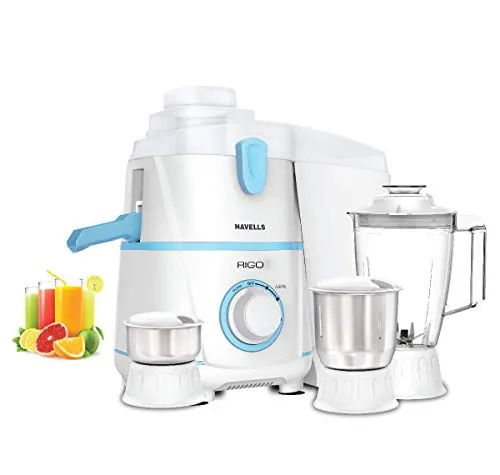 Havells Rigo 500 Watt Juicer Mixer Grinder with 3 Jar (White & Light Blue)