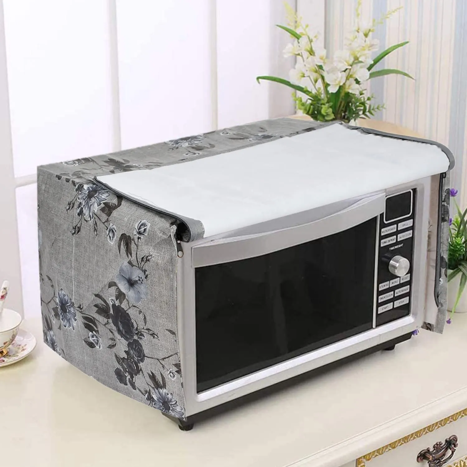 Heart Home PVC Flower Printed Microwave Oven Cover,23 LTR. (Grey)-50HH01260