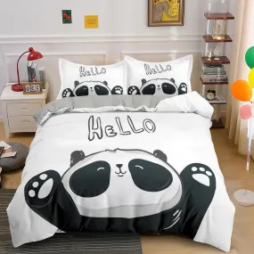 Hello panda duvet cover set for kids, bedding set full, king, queen, dorm bedding, toddler bedding, aesthetic bedspread, panda lovers gift