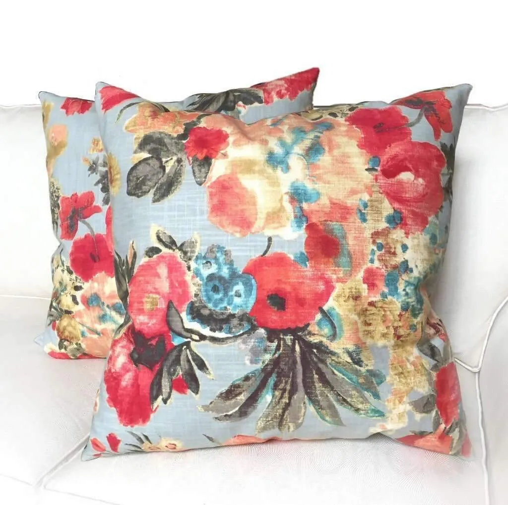 HGTV Garden Odyssey Abstract Floral Pillow Cover, Fog Gray Red Teal Beige Pink