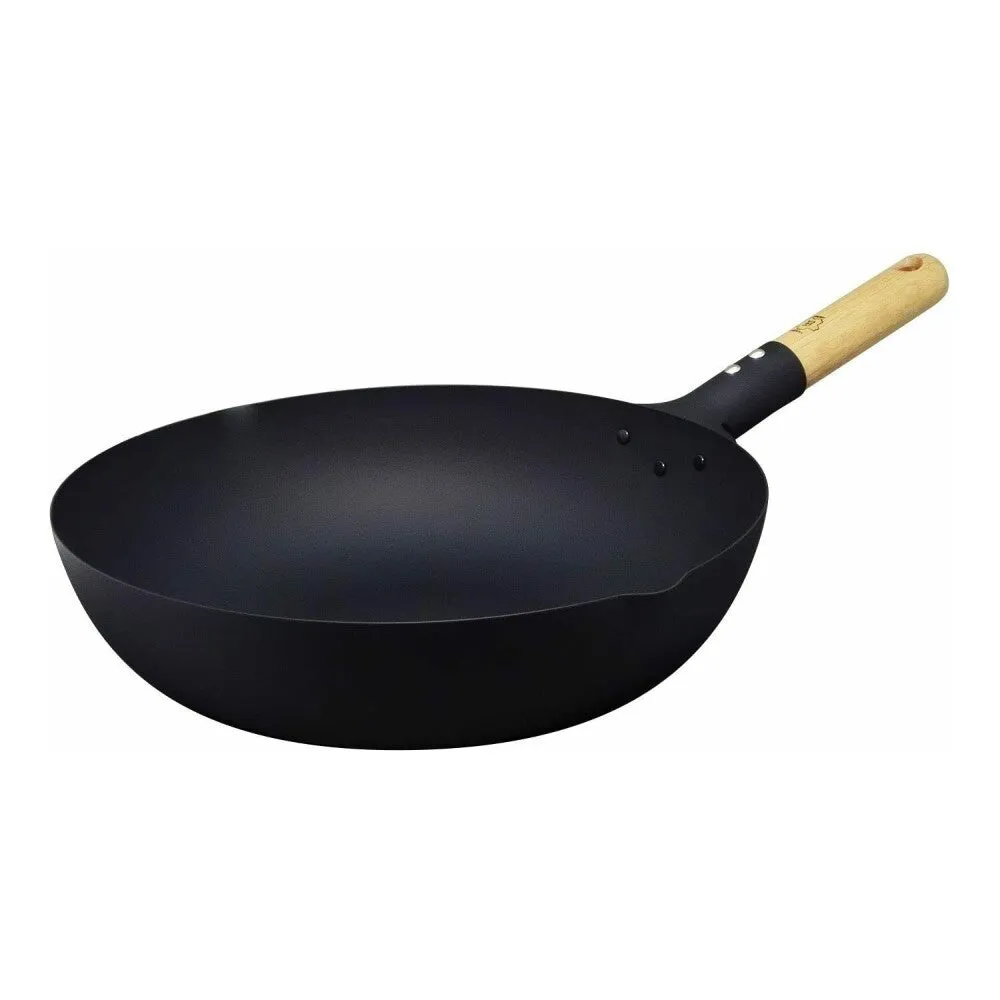 High Purity Cast Iron Wok with Wood Handle, 28cm - Takumi