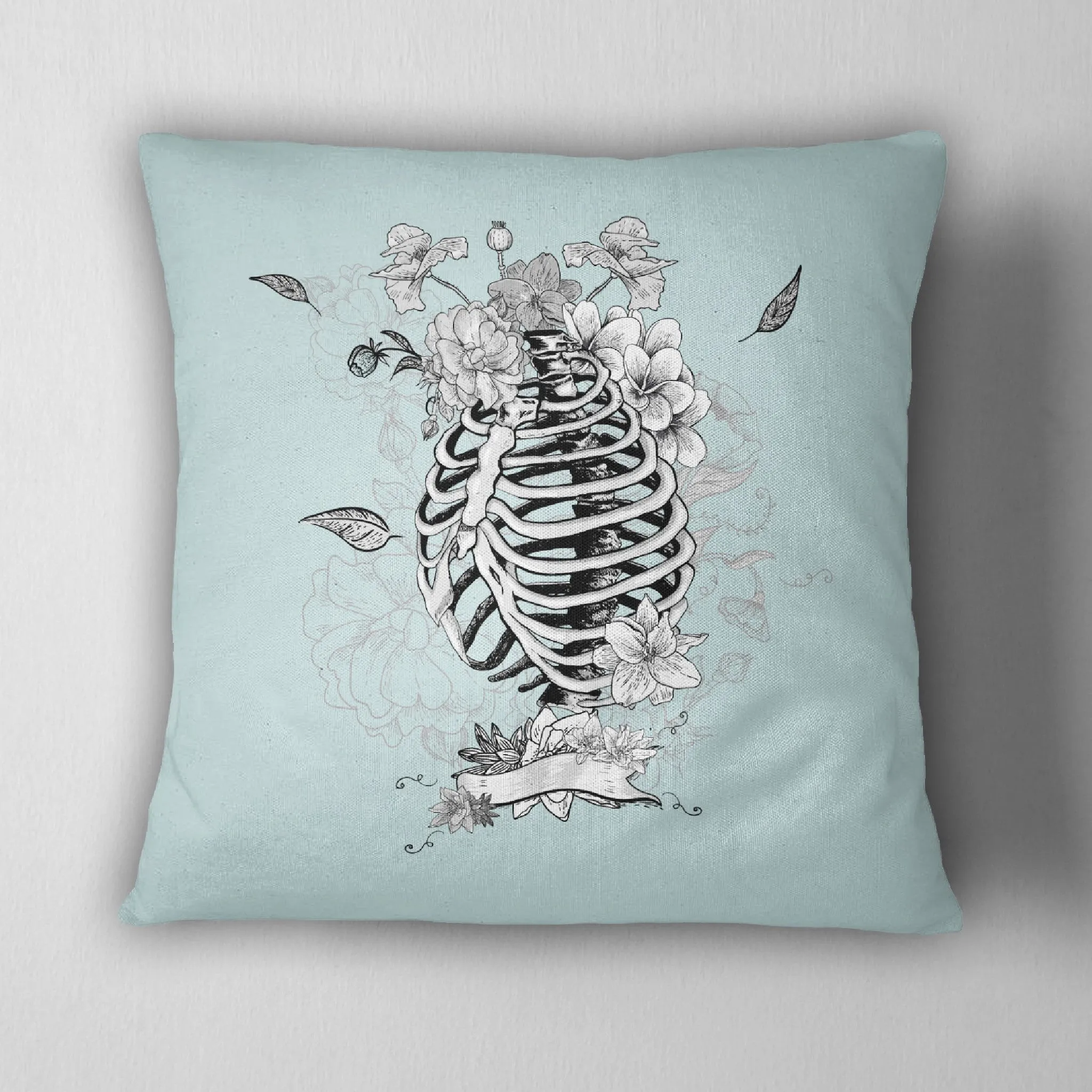 Ice Blue Floral Torso Skeleton Throw Pillow