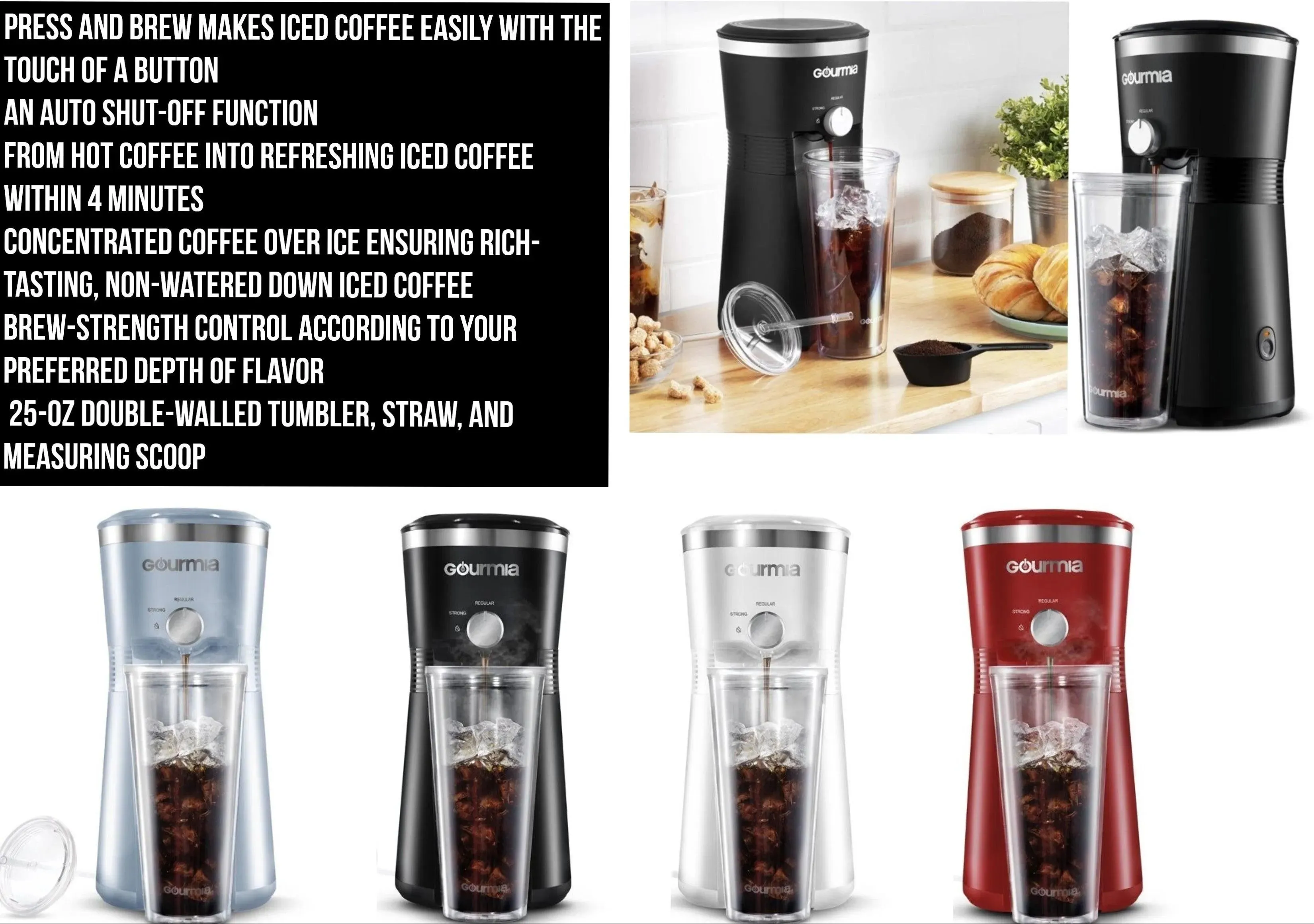 Iced Coffee Maker with Brew Control, Reusable Filter and free Tumbler by Gourmia