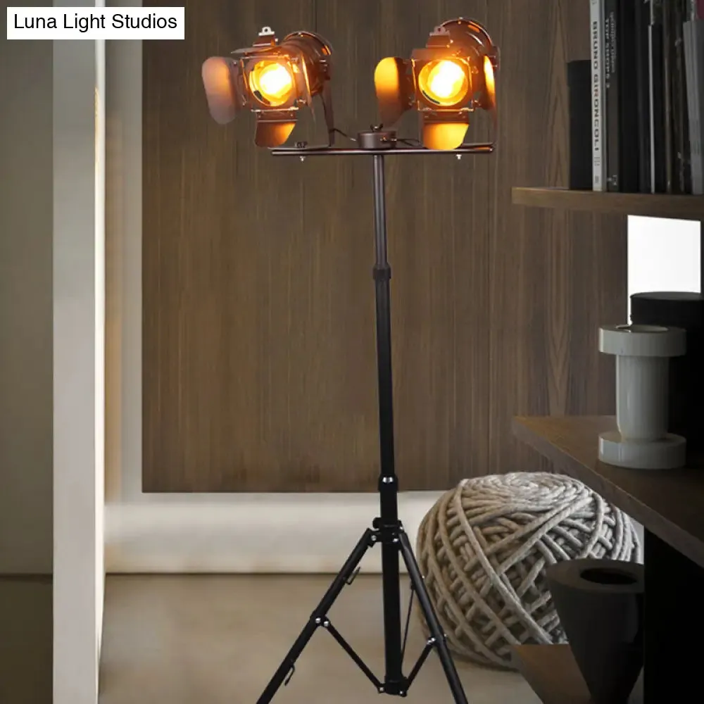 Industrial Metal Tripod Floor Lamp with 2 Lights - Black/Red Shades - Ideal for Living Room