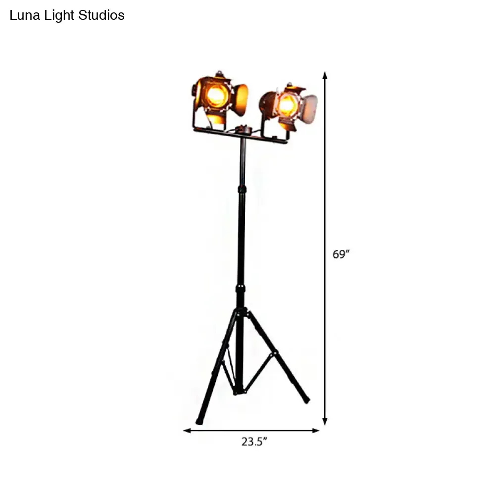 Industrial Metal Tripod Floor Lamp with 2 Lights - Black/Red Shades - Ideal for Living Room