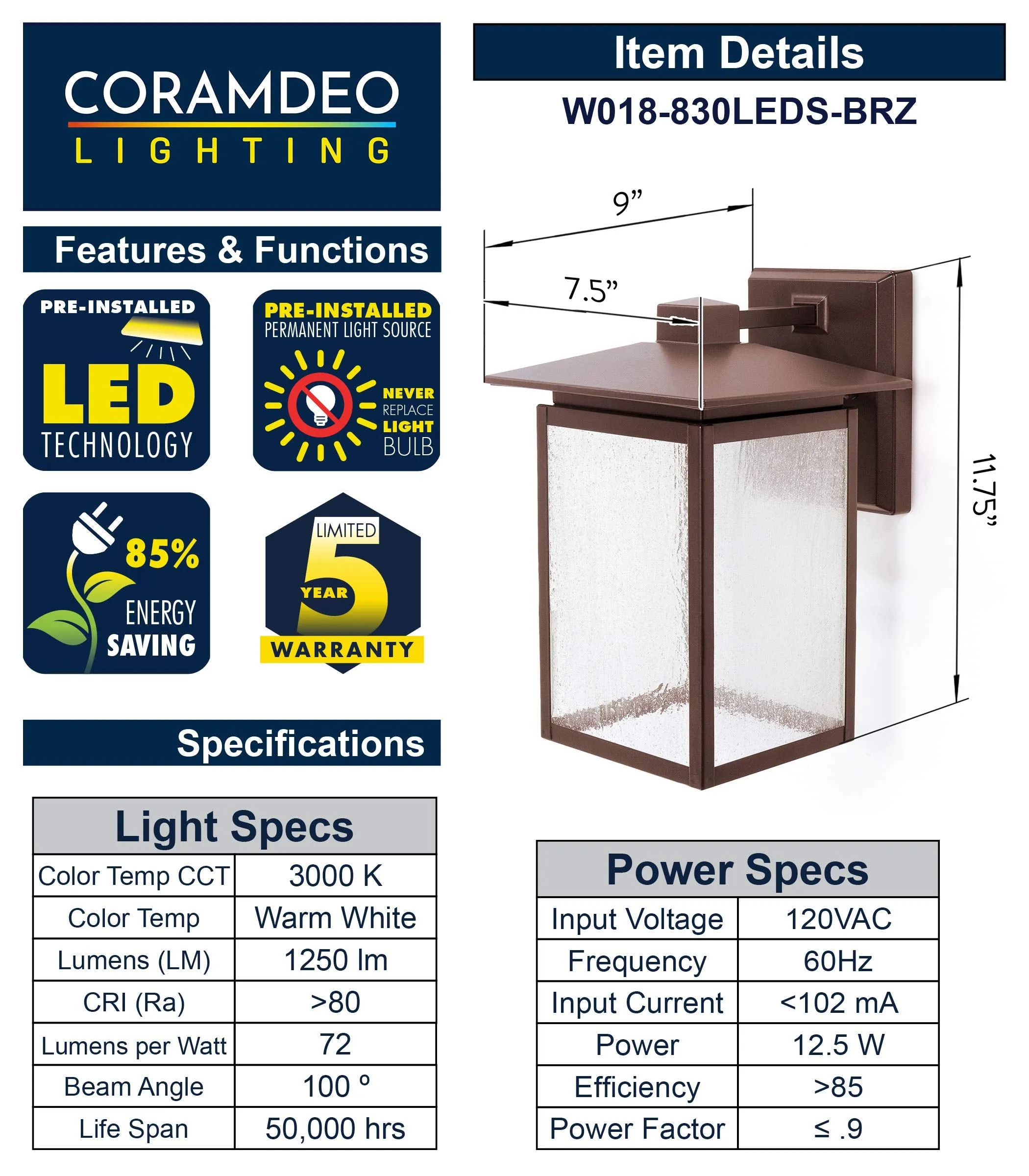 Integrated LED Square Wall Sconce Lantern, 1250 Lumens, 3K, Wet Location, Bronze Finish with Seedy Glass