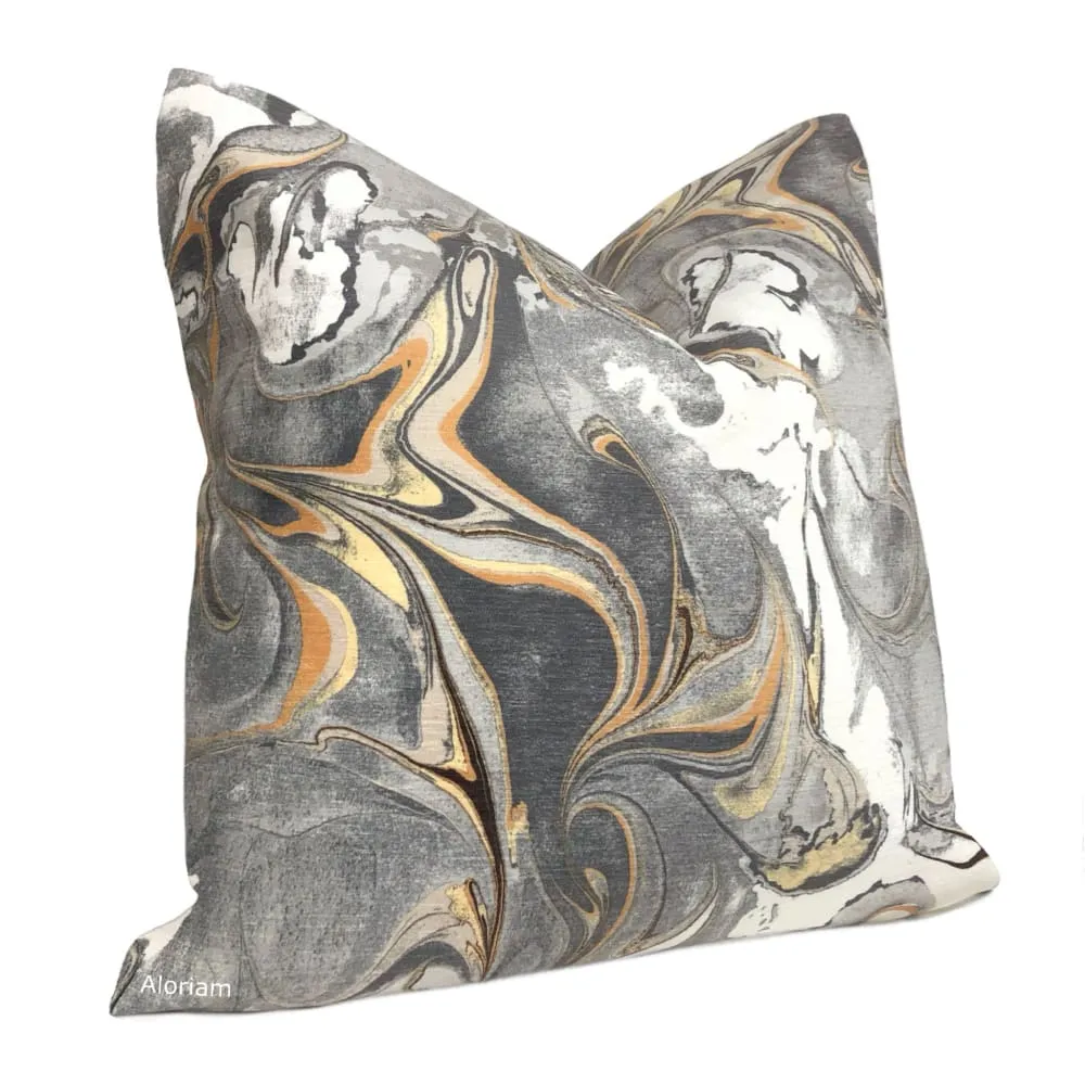 Keiko Gray Yellow Orange Marble Swirl Chenille Pillow Cover