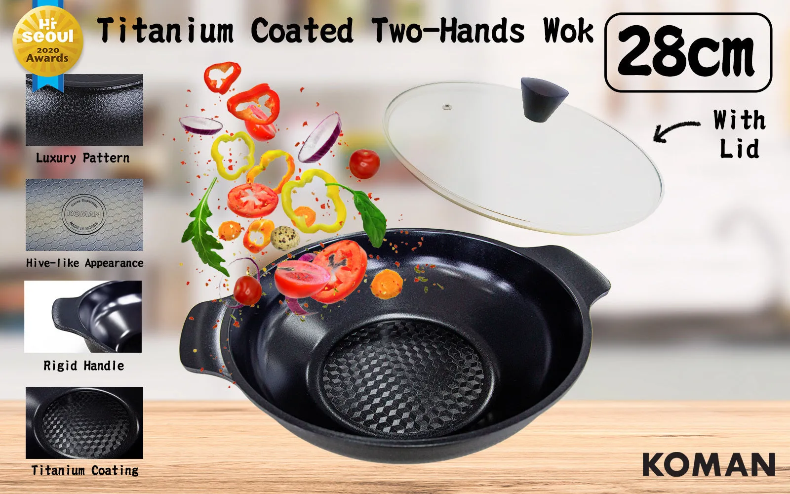 KOMAN 28cm Black Shinewon Two Hands Wok Ceramic Non-stick Titanium Coat   Glass Lid