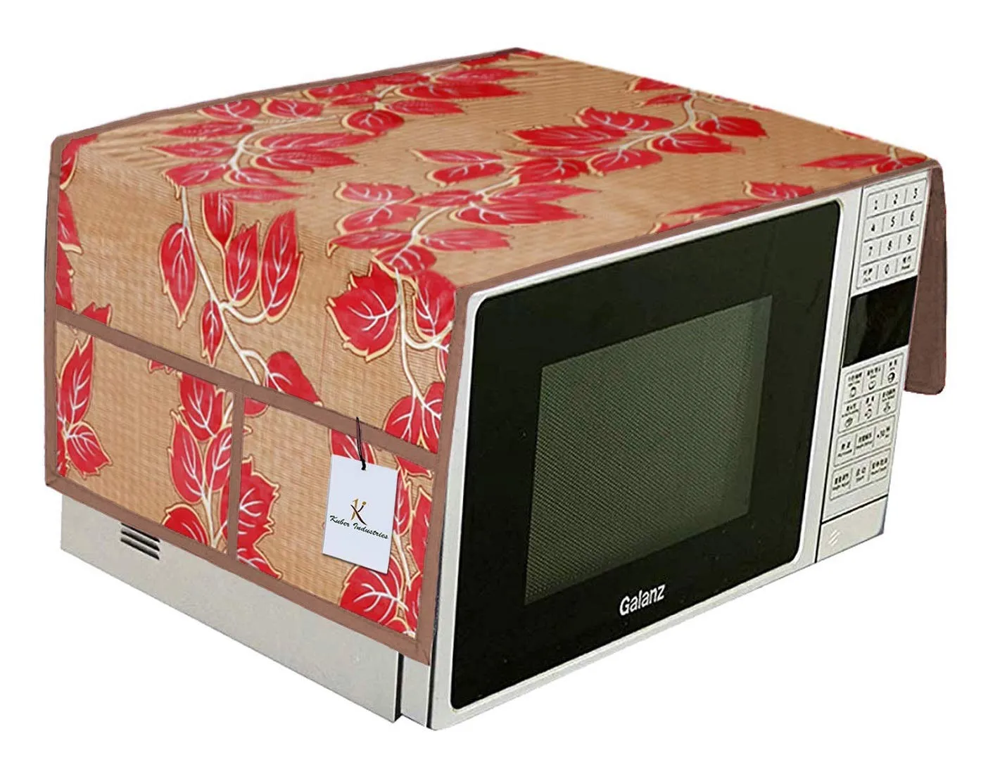 Kuber Industries PVC Leaf Design Microwave Oven Top Cover|4 Utility Pockets & Waterproof PVC|Unniversal Size for 25 Litre|Size 106 x 47 CM (Gold)-CTKTC45660