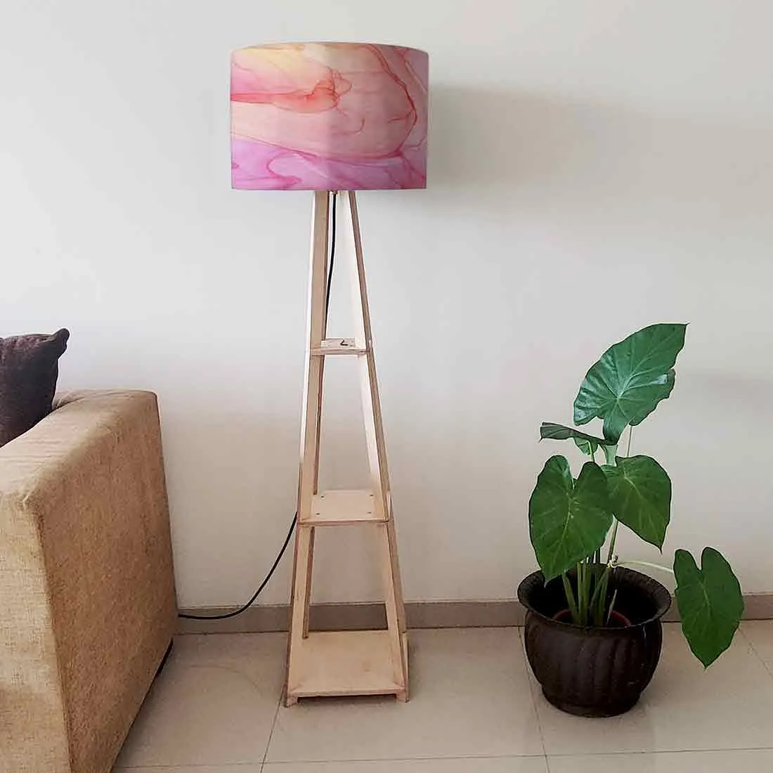 Large Wooden Floor Lamp  -   Pink Purple Ink Watercolor