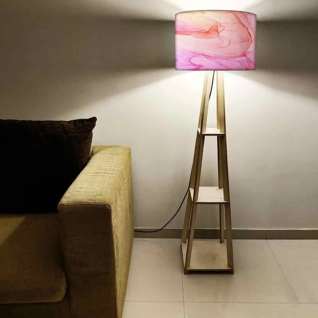 Large Wooden Floor Lamp  -   Pink Purple Ink Watercolor