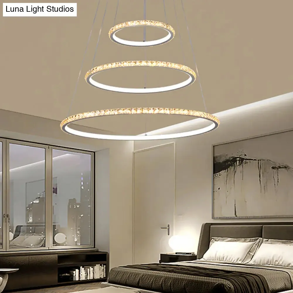 LED Crystal Chandelier Light Fixture, Modern Gold/Silver Ceiling Pendant with 3 Rings, Warm and White Lighting Options