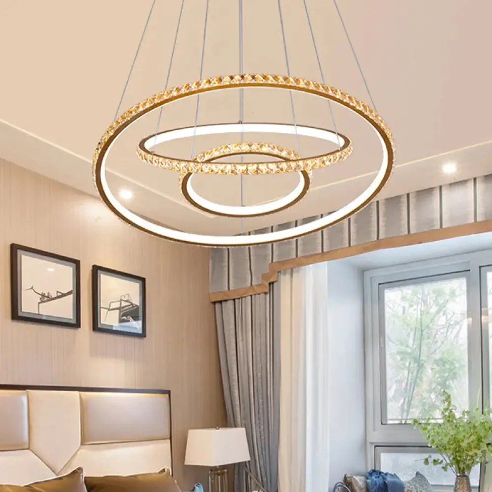 LED Crystal Chandelier Light Fixture, Modern Gold/Silver Ceiling Pendant with 3 Rings, Warm and White Lighting Options