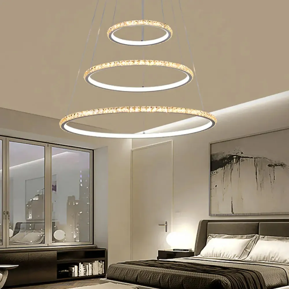 LED Crystal Chandelier Light Fixture, Modern Gold/Silver Ceiling Pendant with 3 Rings, Warm and White Lighting Options