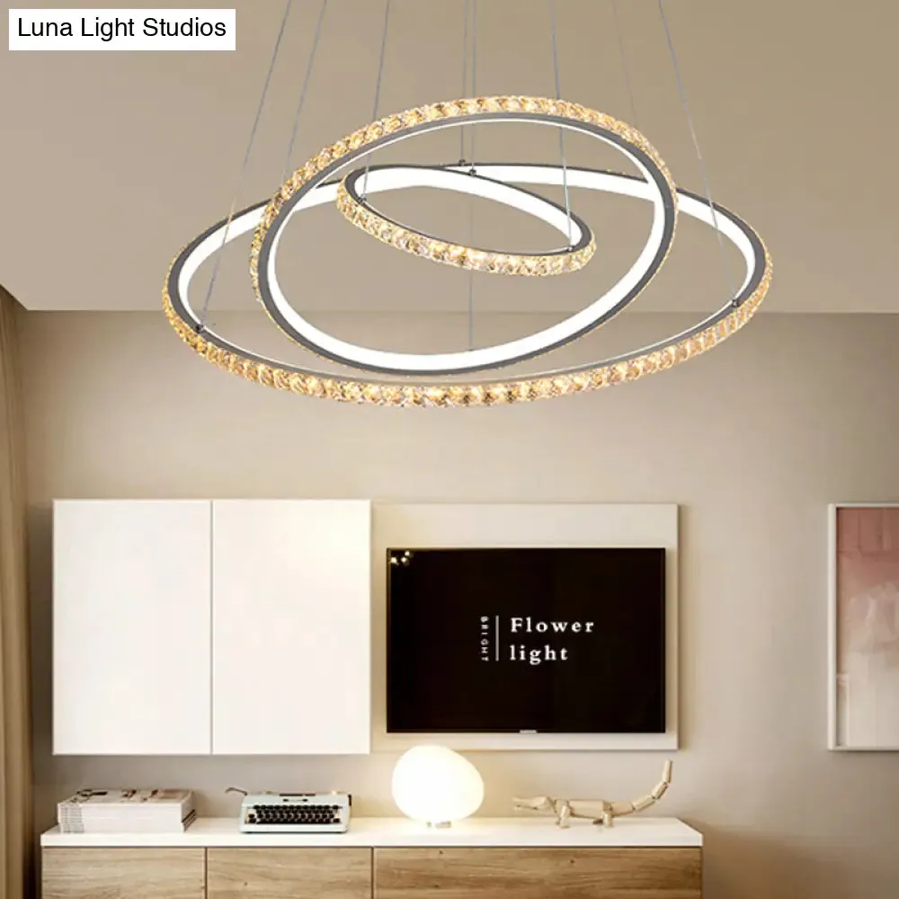 LED Crystal Chandelier Light Fixture, Modern Gold/Silver Ceiling Pendant with 3 Rings, Warm and White Lighting Options