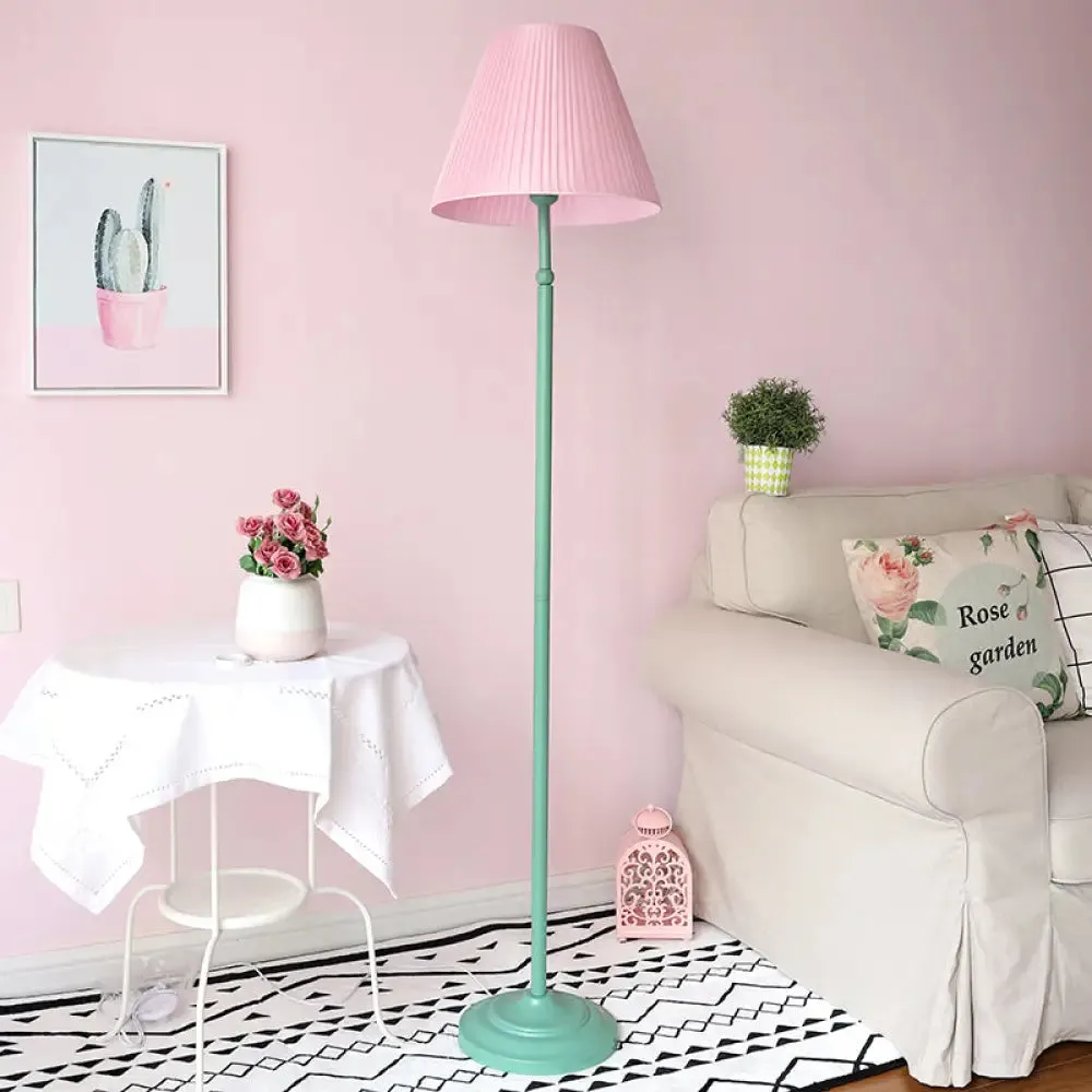 Macaron 1-Light Straight Rod Iron Floor Lamp in Pink/Green with Pleated Pink/Yellow Shade