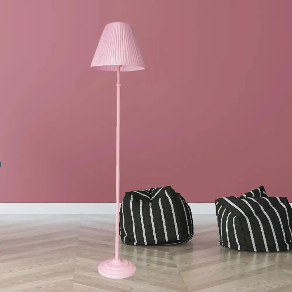 Macaron 1-Light Straight Rod Iron Floor Lamp in Pink/Green with Pleated Pink/Yellow Shade