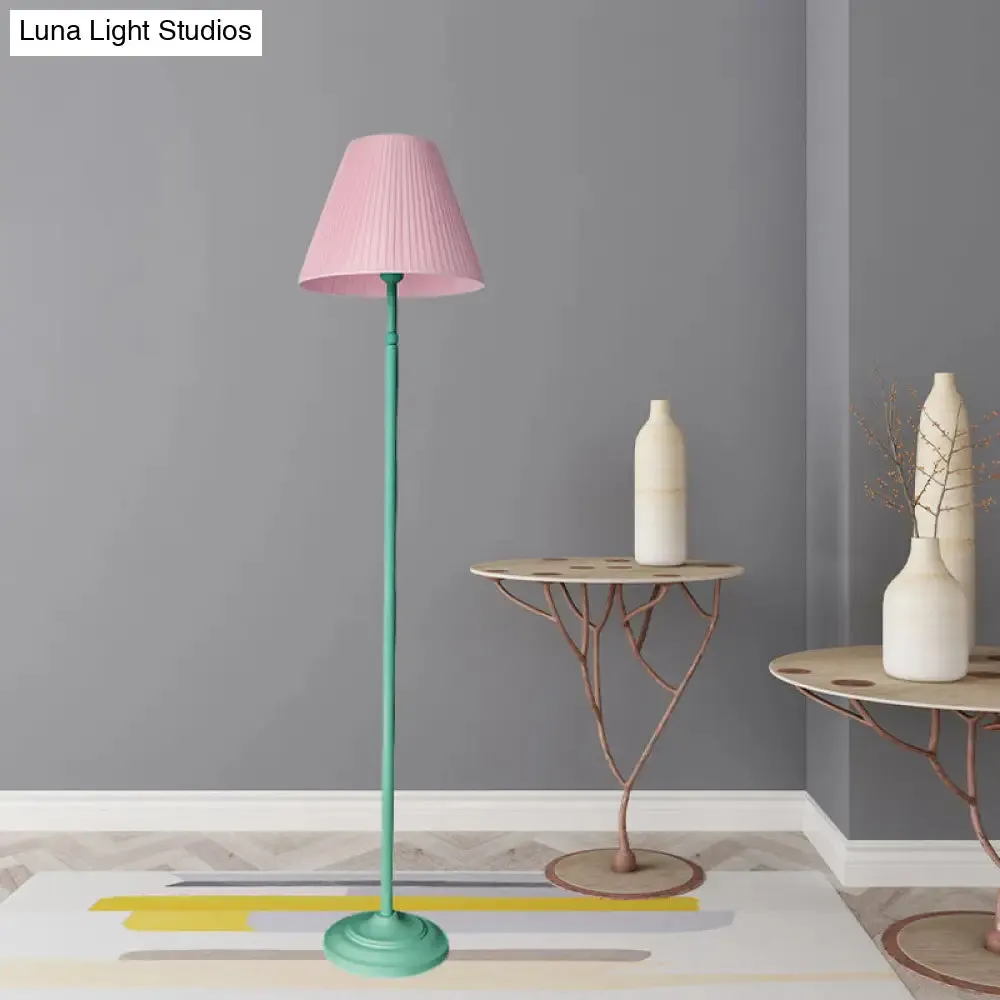 Macaron 1-Light Straight Rod Iron Floor Lamp in Pink/Green with Pleated Pink/Yellow Shade