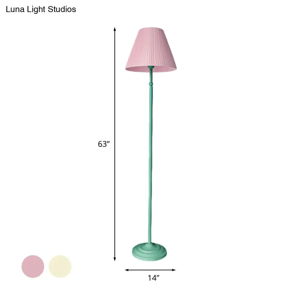 Macaron 1-Light Straight Rod Iron Floor Lamp in Pink/Green with Pleated Pink/Yellow Shade