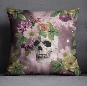 Maroon Watercolor Galaxy Floral Skull Throw Pillow