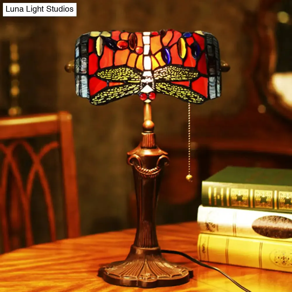 Mediterranean Dragonfly Hand-Cut Glass Banker Desk Lamp - Red Table Lighting