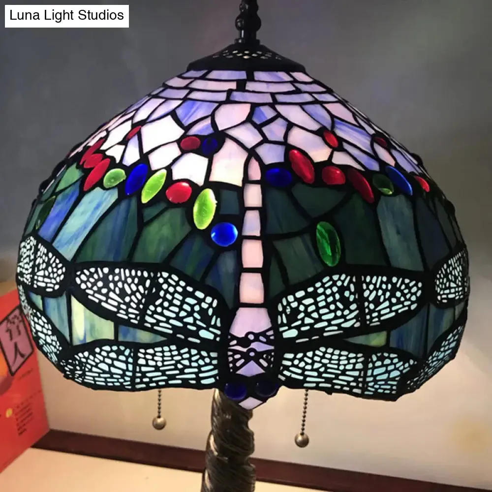 Mediterranean Dragonfly Nightstand Lamp – Stained Glass Table Light for Bedroom