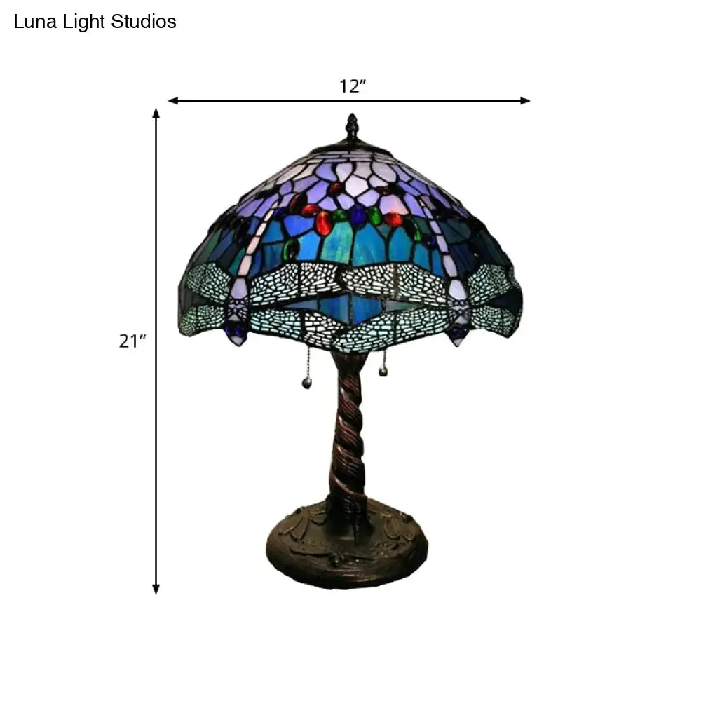 Mediterranean Dragonfly Nightstand Lamp – Stained Glass Table Light for Bedroom