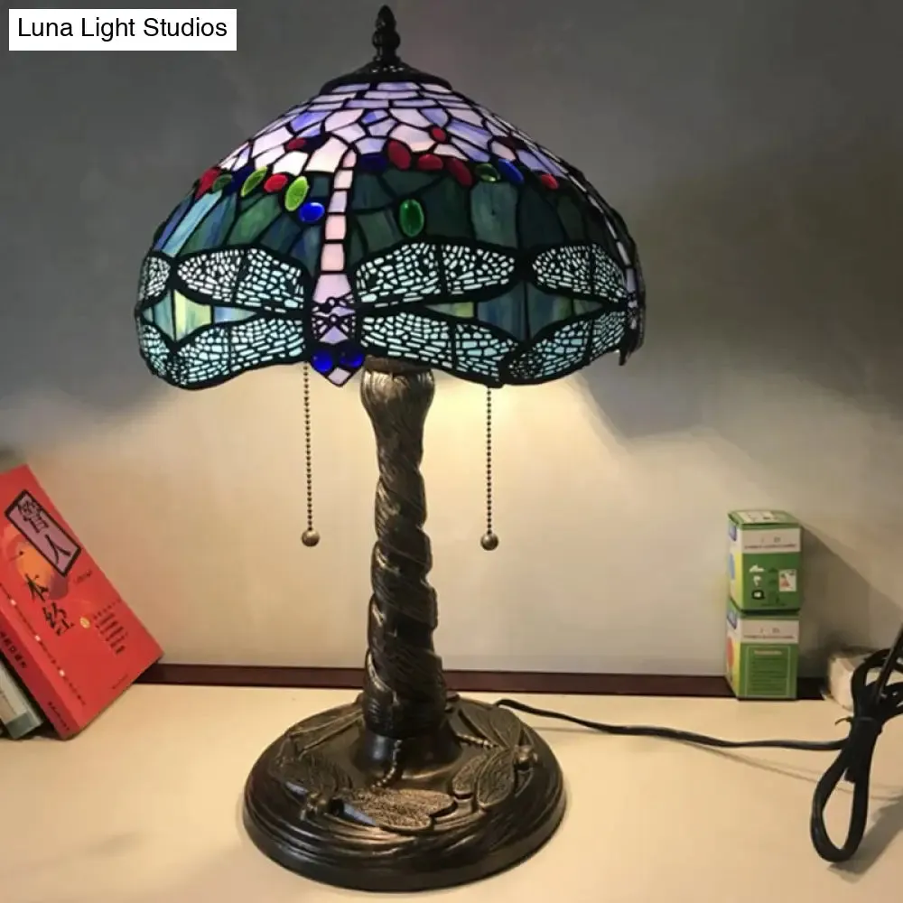 Mediterranean Dragonfly Nightstand Lamp – Stained Glass Table Light for Bedroom