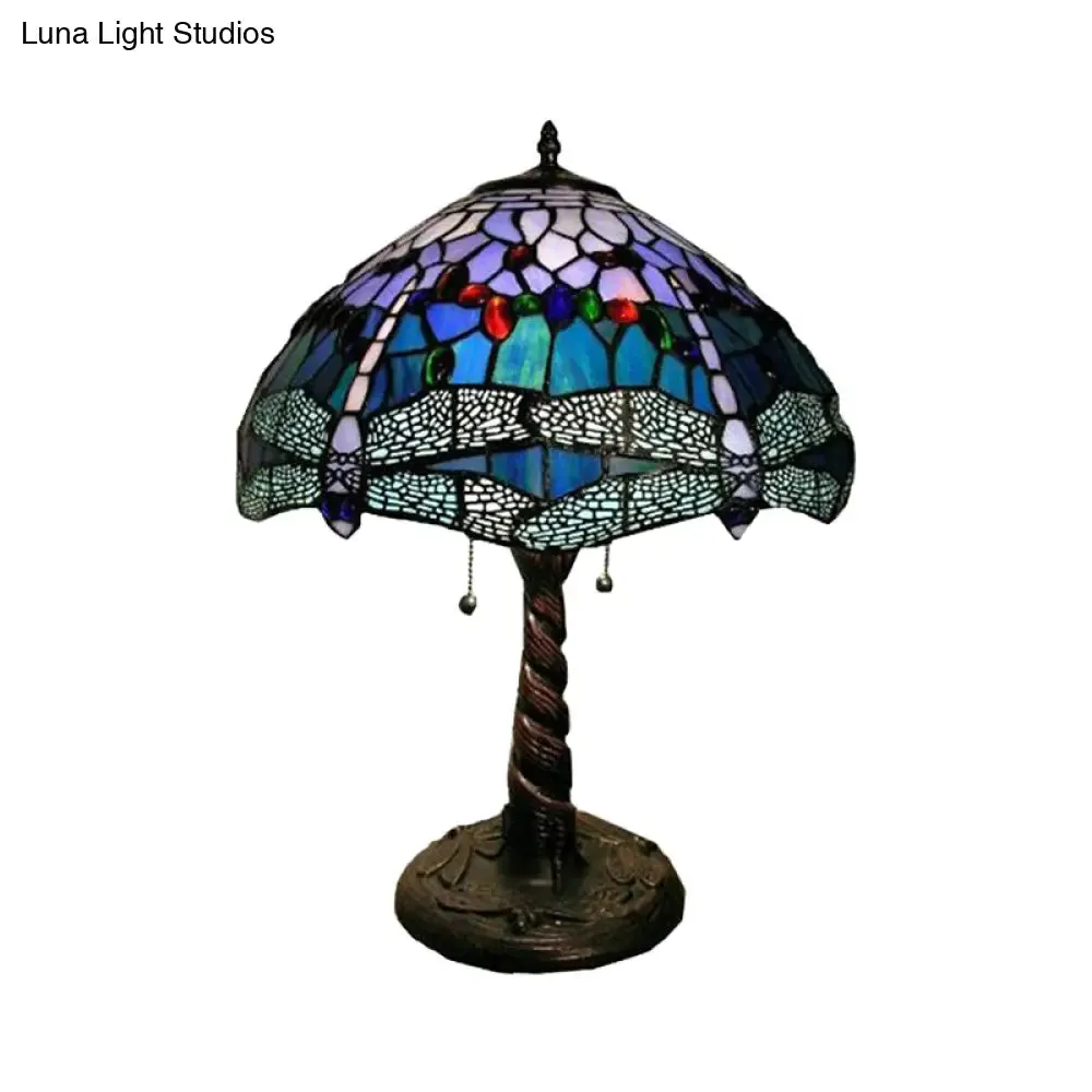 Mediterranean Dragonfly Nightstand Lamp – Stained Glass Table Light for Bedroom