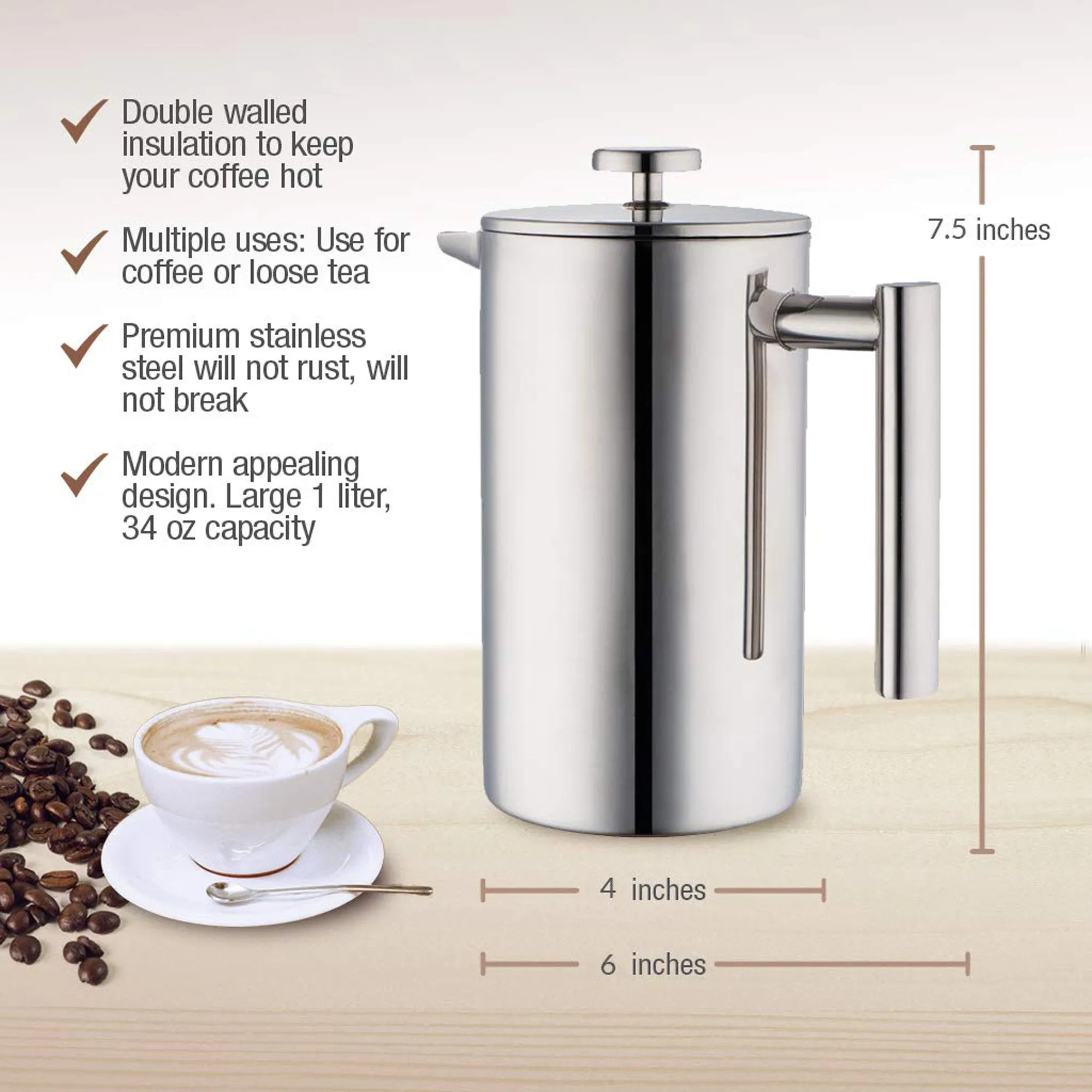 Minimal Double Wall Stainless Steel French Press