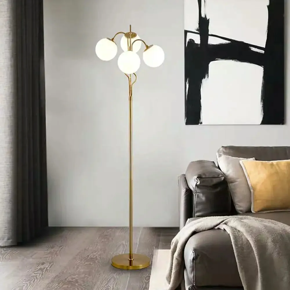 Modern 4-Light Gold Finish Floor Lamp with White Glass Stand for Living Room