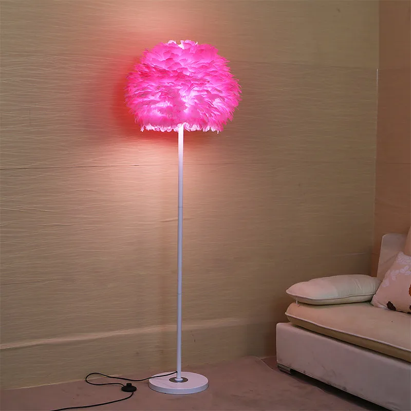 Modern Feather Stand Up Lamp - 18"/21.5" Wide Dome Floor Light for Living Room in White/Pink/Orange