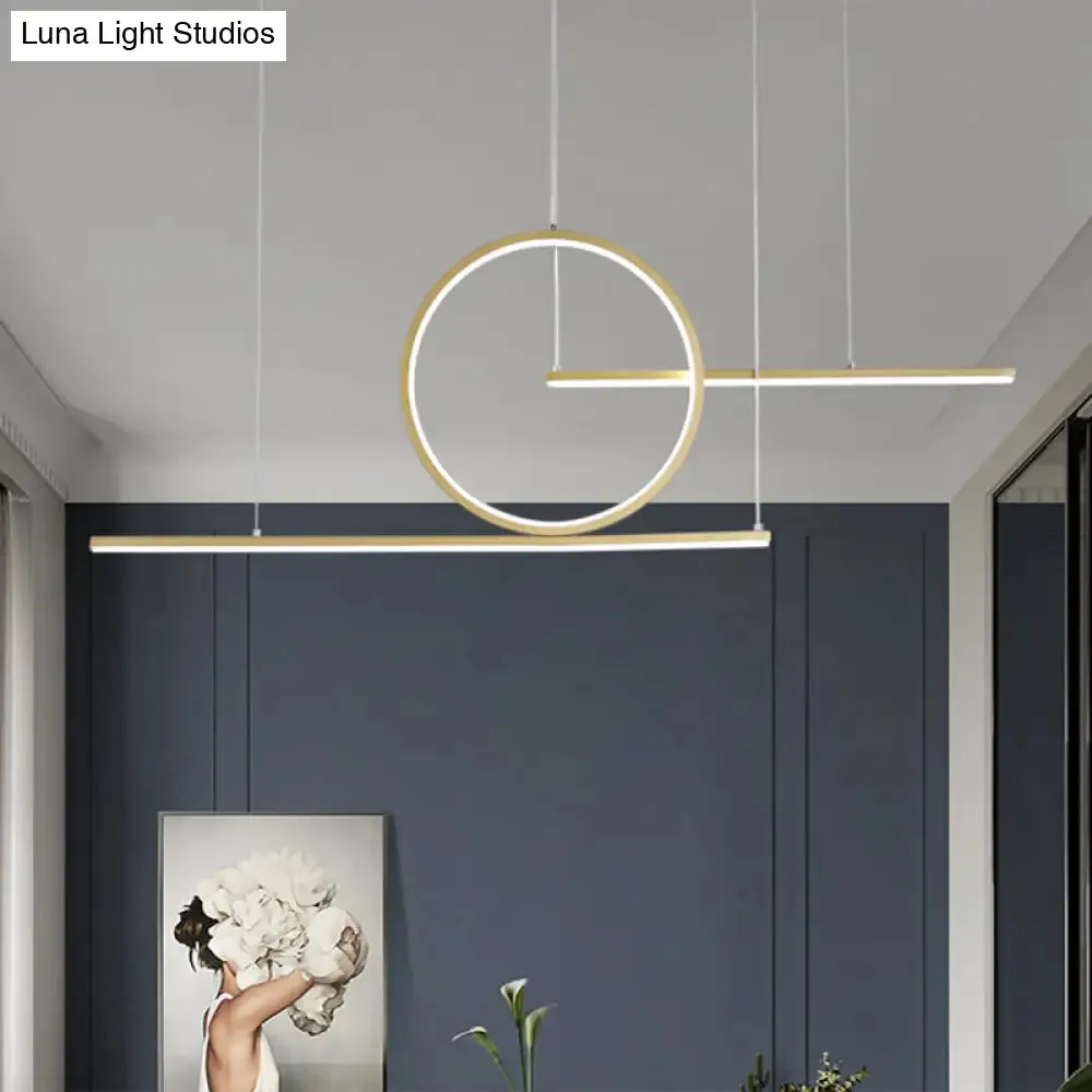 Modern LED Restaurant Island Lamp in Black/Gold with Circle & Linear Metal Shade - Warm/White Light