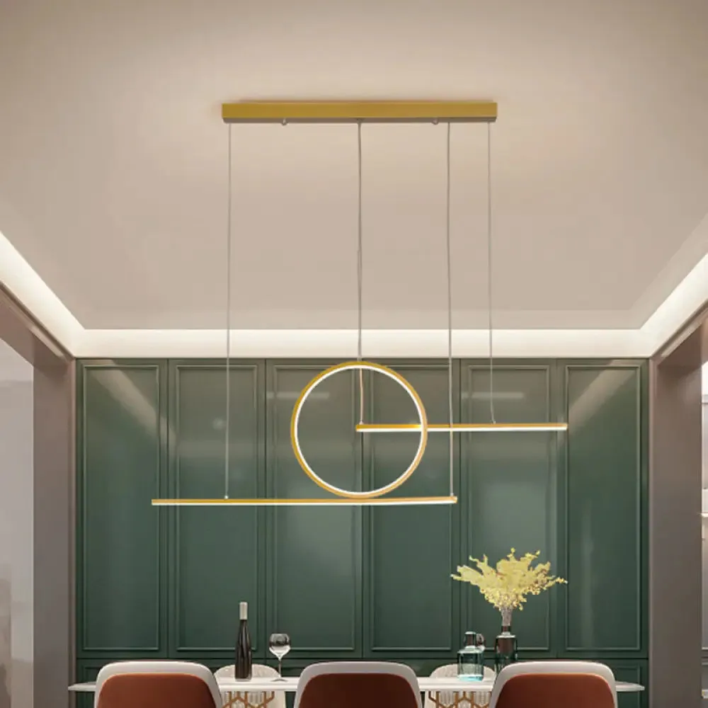 Modern LED Restaurant Island Lamp in Black/Gold with Circle & Linear Metal Shade - Warm/White Light