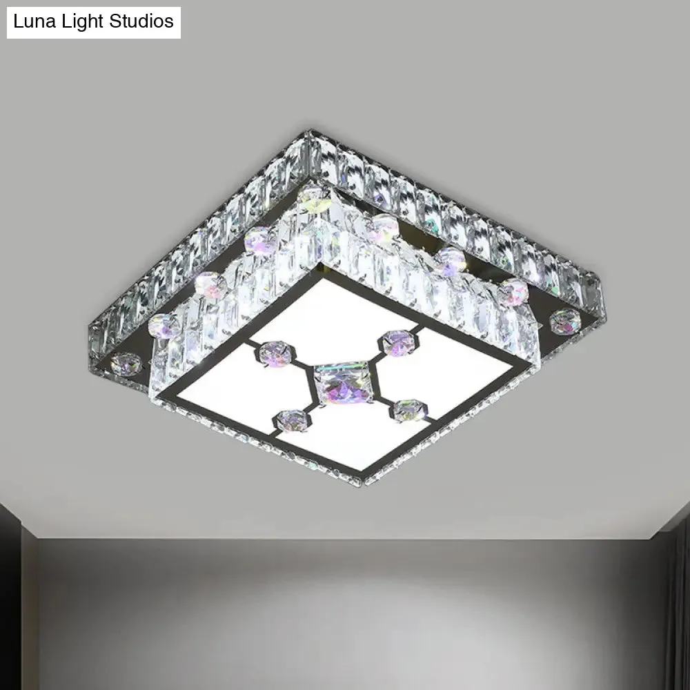 Modernist Cut Crystal LED Nickel Ceiling Lamp with Square Flush Mount for Porch