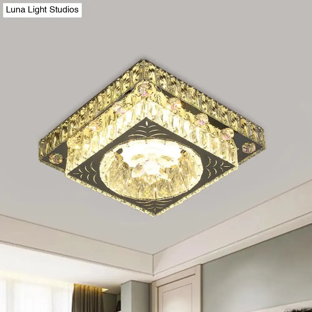 Modernist Cut Crystal LED Nickel Ceiling Lamp with Square Flush Mount for Porch