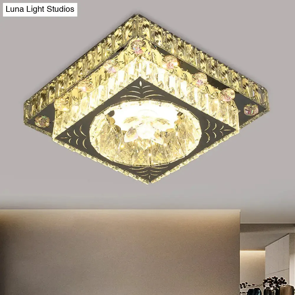 Modernist Cut Crystal LED Nickel Ceiling Lamp with Square Flush Mount for Porch