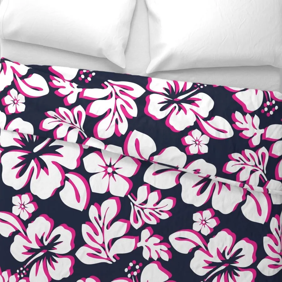 Navy Blue, Surfer Girl Pink and White Hibiscus and Hawaiian Flowers Duvet Cover - Medium Scale