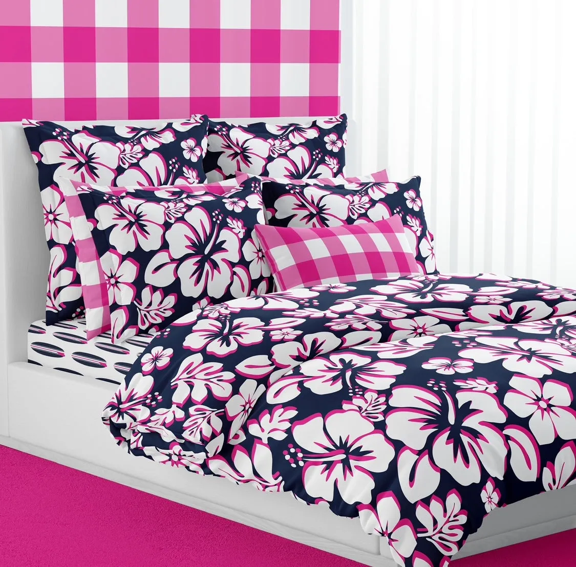 Navy Blue, Surfer Girl Pink and White Hibiscus and Hawaiian Flowers Duvet Cover - Medium Scale