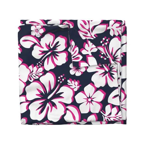 Navy Blue, Surfer Girl Pink and White Hibiscus and Hawaiian Flowers Duvet Cover - Medium Scale