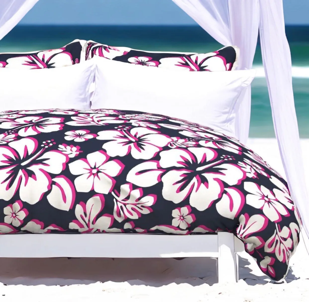 Navy Blue, Surfer Girl Pink and White Hibiscus and Hawaiian Flowers Duvet Cover - Medium Scale