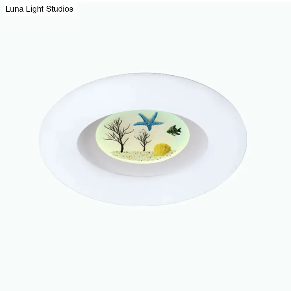 Ocean Pattern LED Flush Mount for Kids Room - White Ring Ceiling Fixture