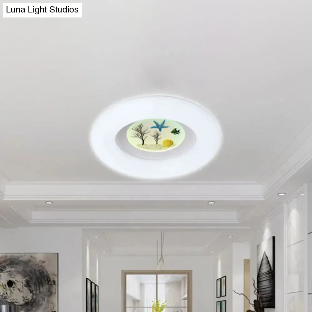 Ocean Pattern LED Flush Mount for Kids Room - White Ring Ceiling Fixture