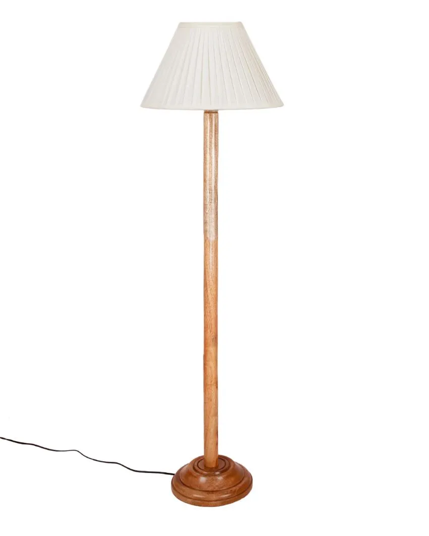 Off White Knife Pleated Cotton Shade Floor Lamp with Wooden Base | 12 x 57 Inches