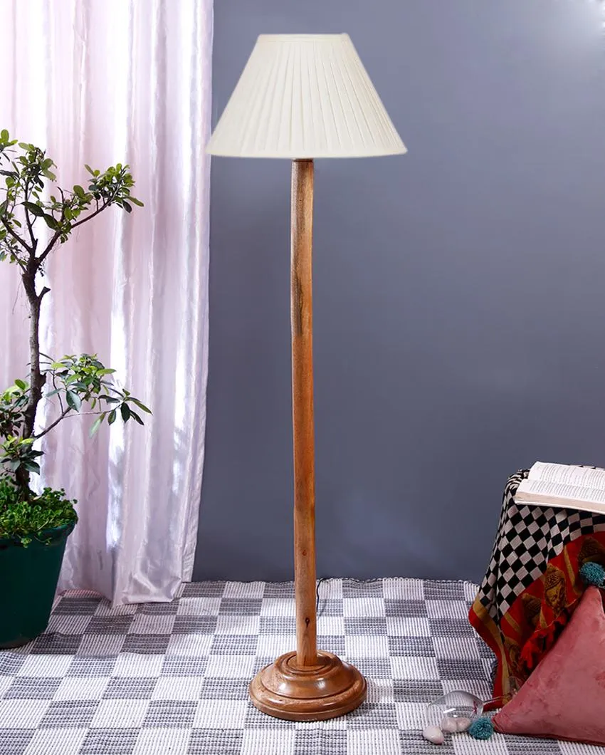 Off White Knife Pleated Cotton Shade Floor Lamp with Wooden Base | 12 x 57 Inches