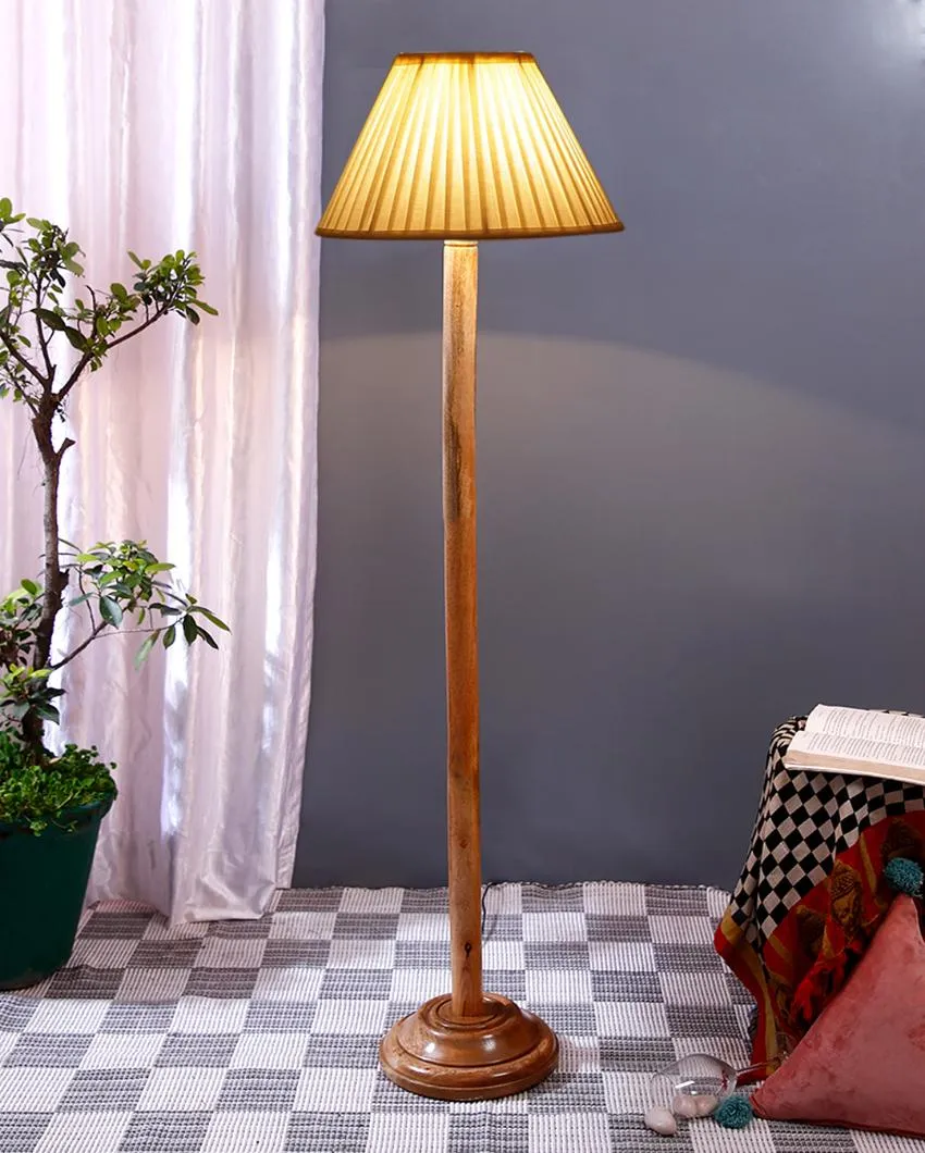 Off White Knife Pleated Cotton Shade Floor Lamp with Wooden Base | 12 x 57 Inches