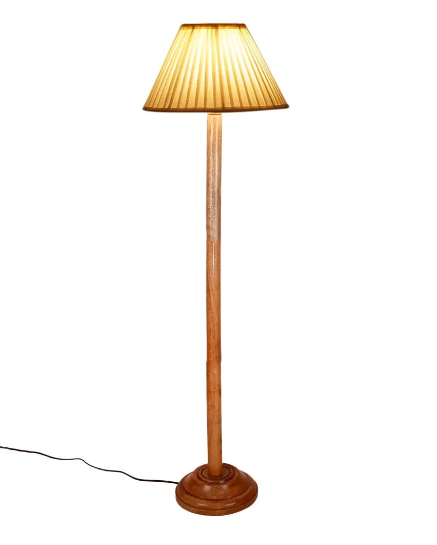 Off White Knife Pleated Cotton Shade Floor Lamp with Wooden Base | 12 x 57 Inches