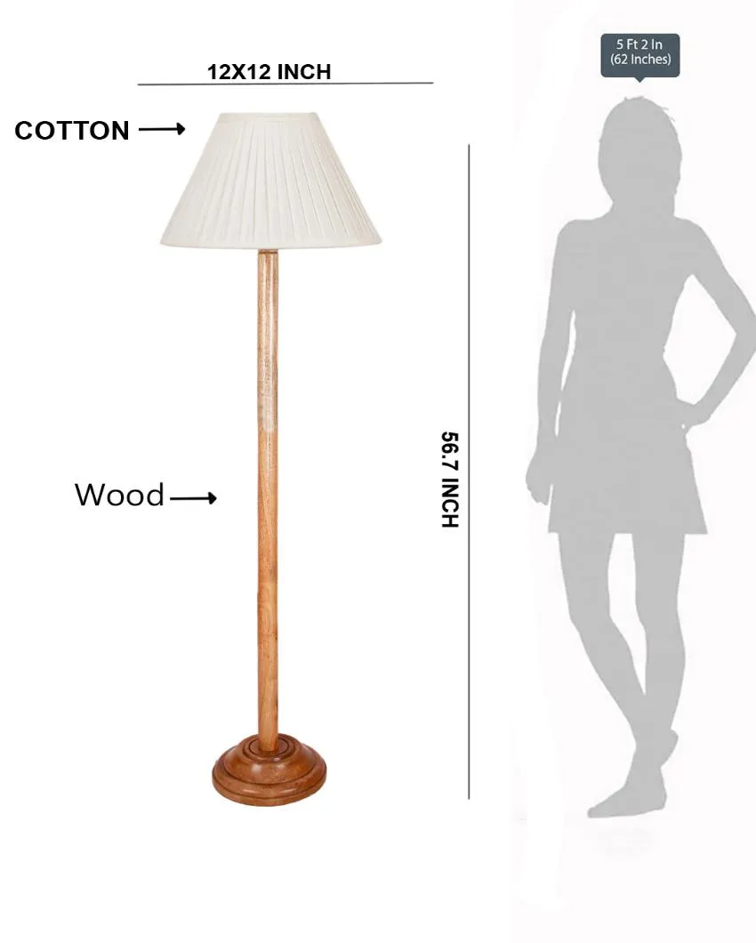 Off White Knife Pleated Cotton Shade Floor Lamp with Wooden Base | 12 x 57 Inches